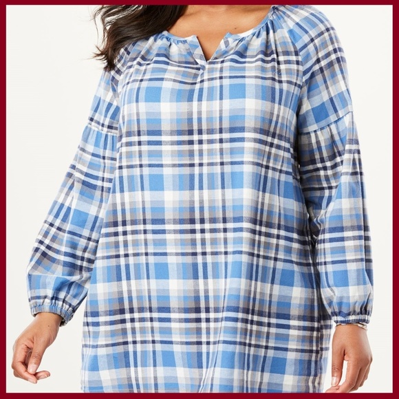 Woman Within Tops - SPLIT NECK FLANNEL PLUS SIZE BLOUSE